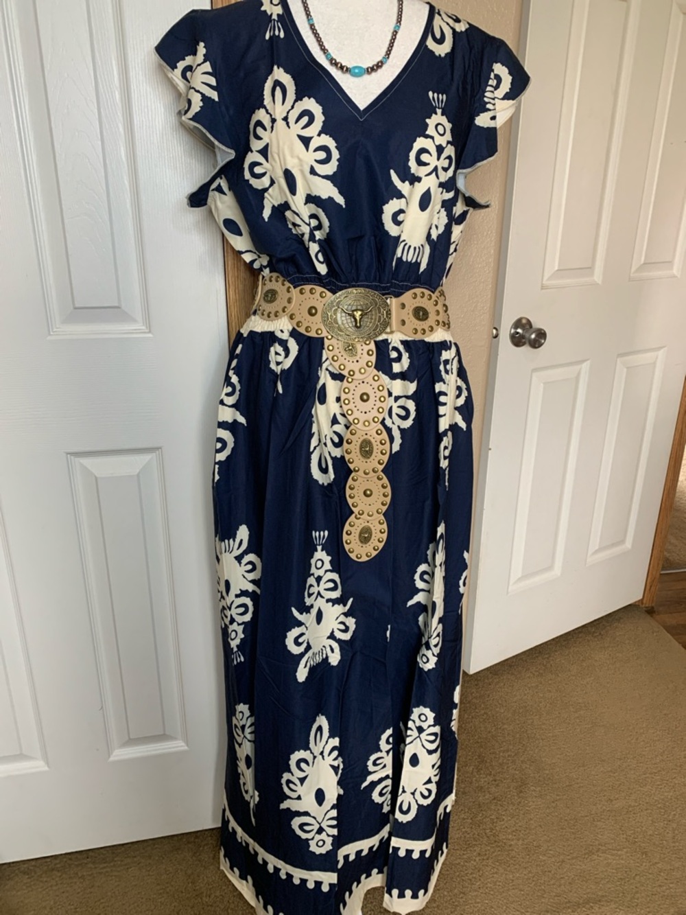BOHO Style Navy Blue & Cream Maxi Dress - Picture 3 of 6